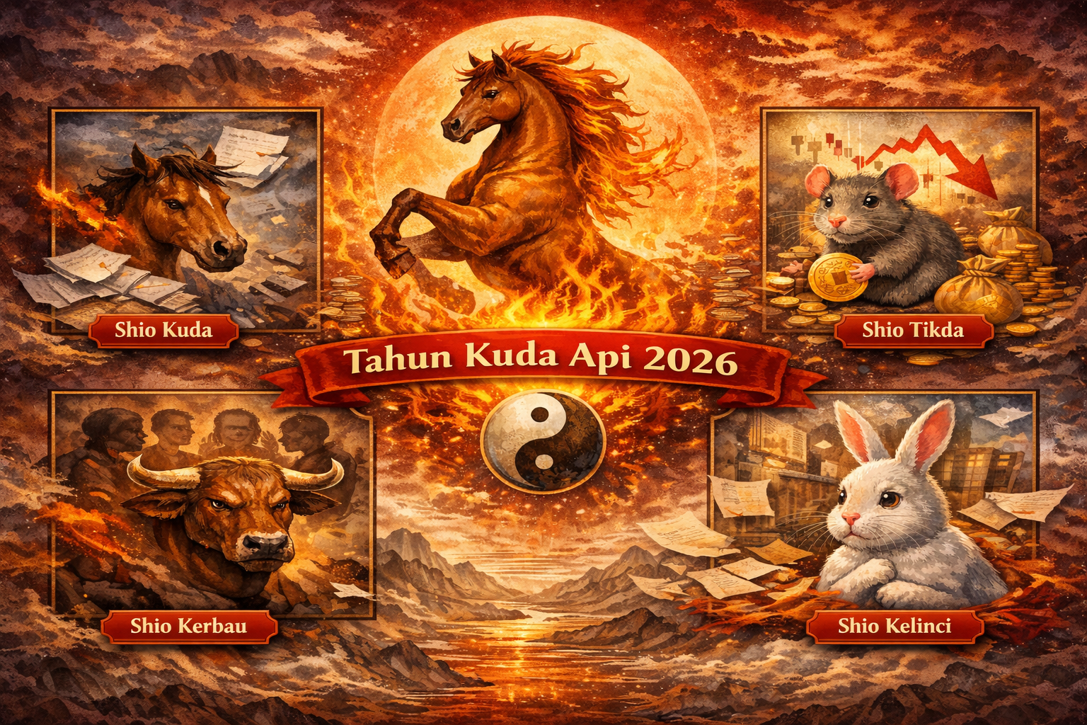 Ilustrasi astrologi Tionghoa Tahun Kuda Api 2026 yang menampilkan Shio Kuda, Tikus, Kerbau, dan Kelinci dengan simbol tantangan emosional, keuangan, dan hubungan.