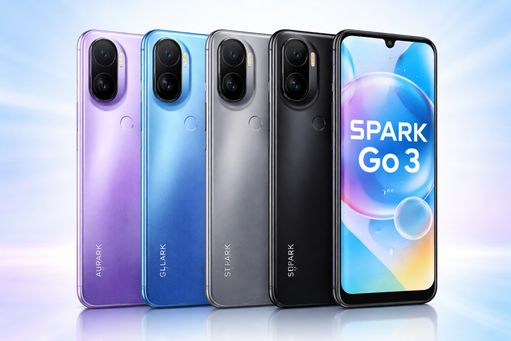 Tampilan Tecno Spark Go 3 dengan layar 6,74 inci ber-refresh rate 120 Hz dan desain bodi modern