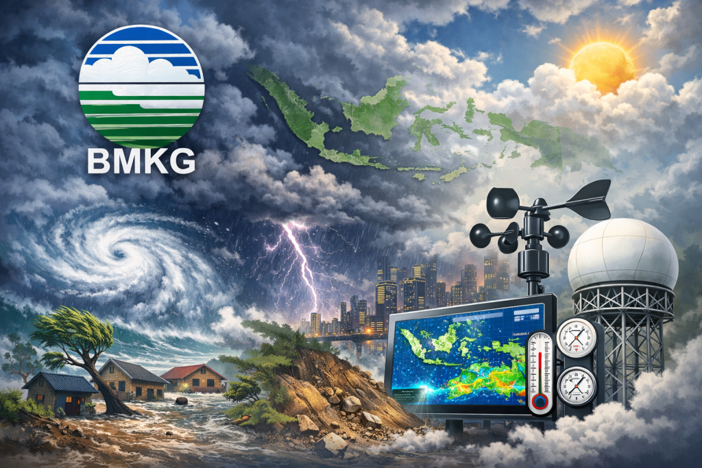 Ilustrasi prakiraan cuaca BMKG menunjukkan hujan meluas di berbagai wilayah Indonesia akibat dinamika atmosfer