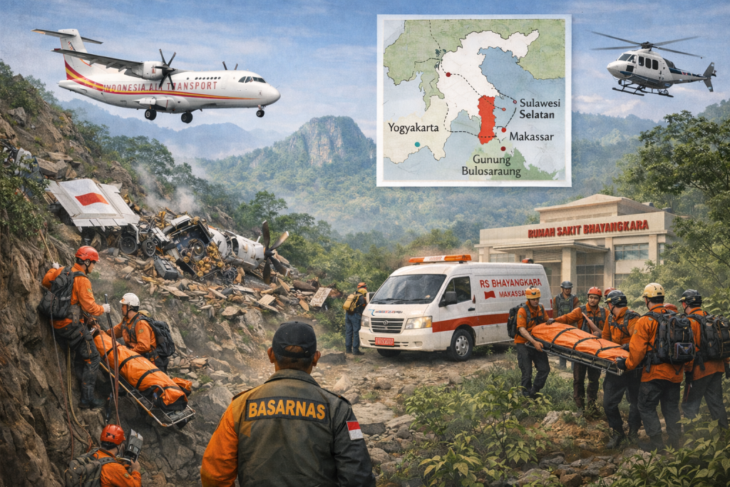 Ilustrasi proses evakuasi korban kecelakaan pesawat ATR 42-500 oleh tim SAR gabungan di lereng Gunung Bulusaraung, Sulawesi Selatan