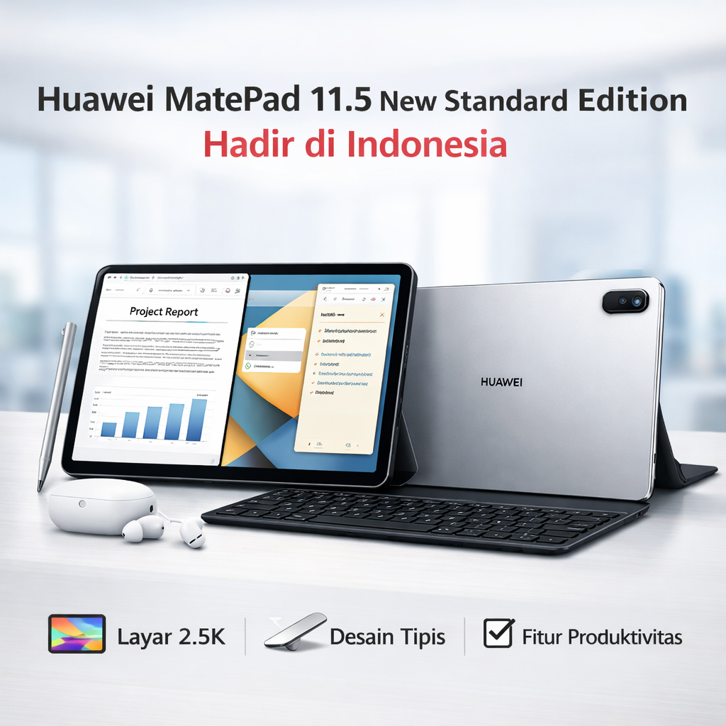 Huawei MatePad 11.5 New Standard Edition dengan layar 2.5K, desain tipis, dan keyboard pendukung produktivitas.