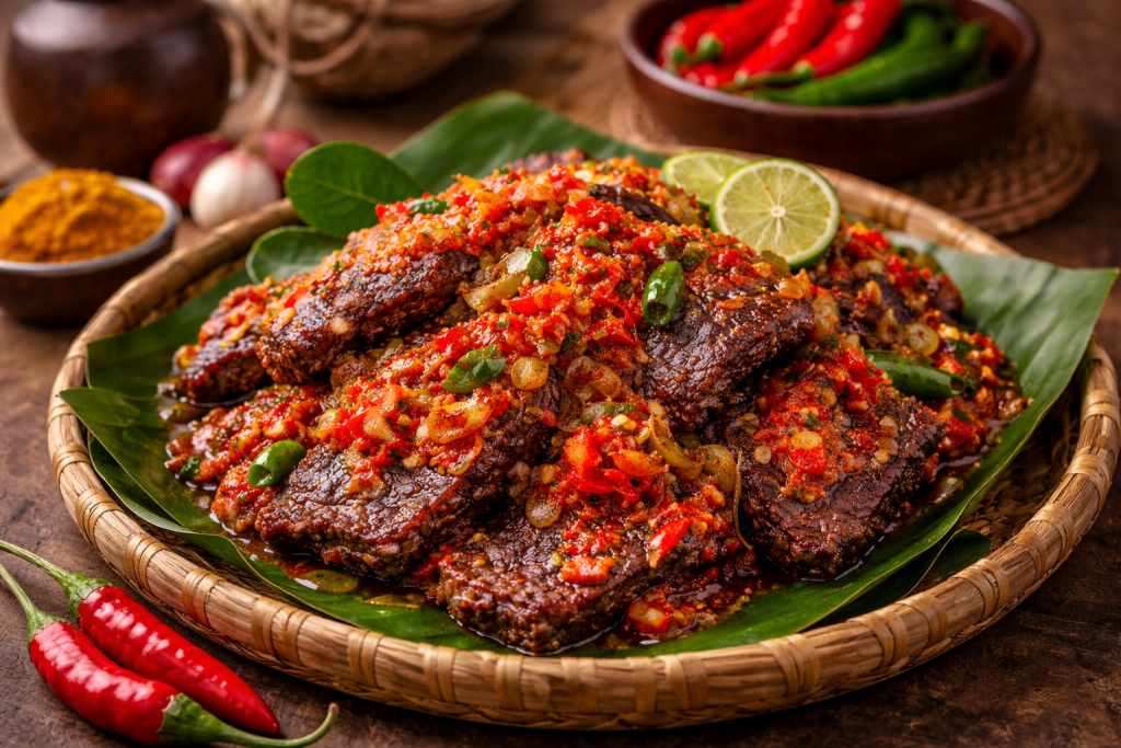 Dendeng lambok khas Minangkabau dengan sambal cabai merah.